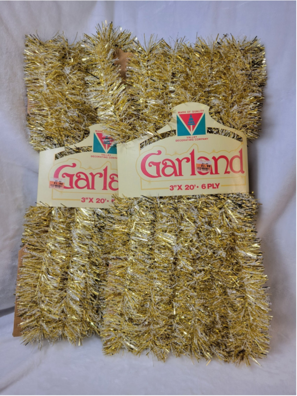 Vintage Valley Decorating Co Christmas Garland Gold White 3" x 20' NOS Lot of 2